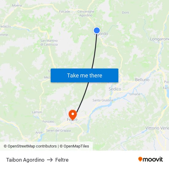 Taibon Agordino to Feltre map