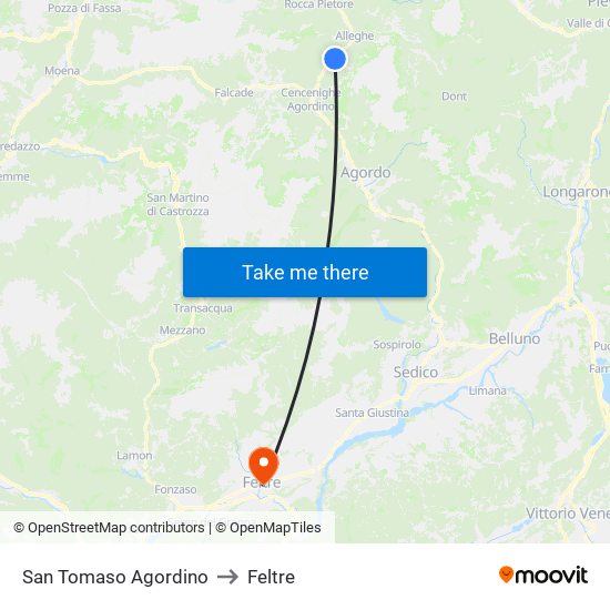 San Tomaso Agordino to Feltre map