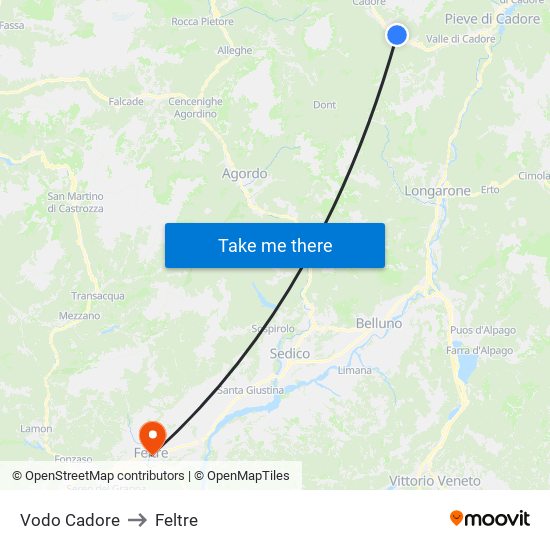 Vodo Cadore to Feltre map