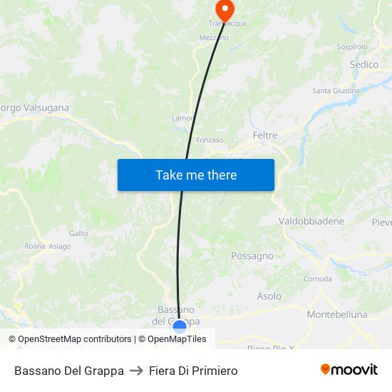 Bassano Del Grappa to Fiera Di Primiero map