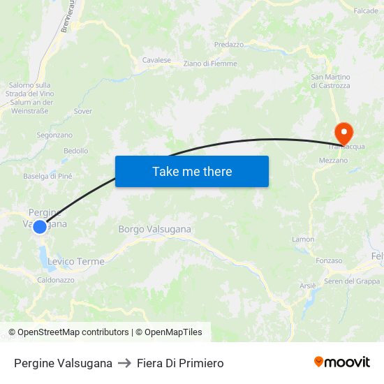 Pergine Valsugana to Fiera Di Primiero map