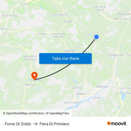 Forno Di Zoldo to Fiera Di Primiero map