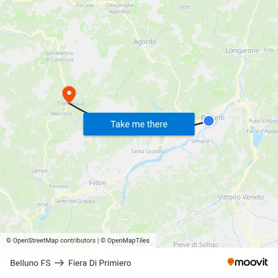Belluno FS to Fiera Di Primiero map