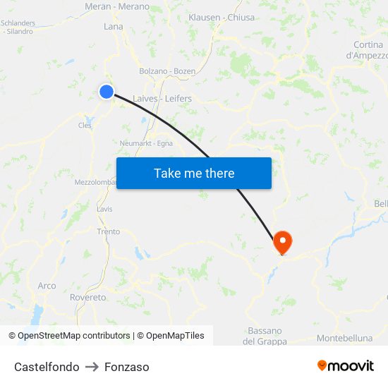 Castelfondo to Fonzaso map