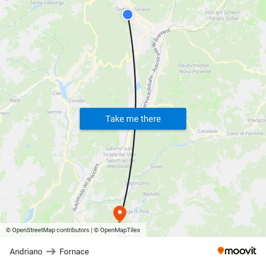 Andriano to Fornace map