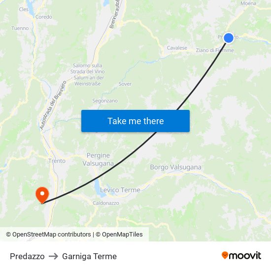 Predazzo to Garniga Terme map