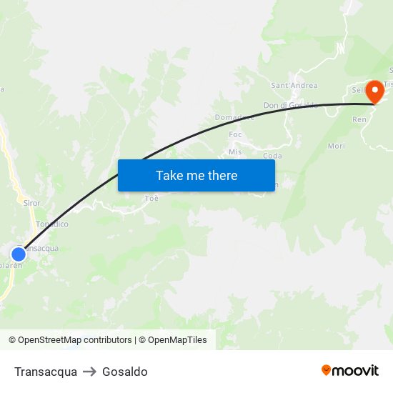 Transacqua to Gosaldo map