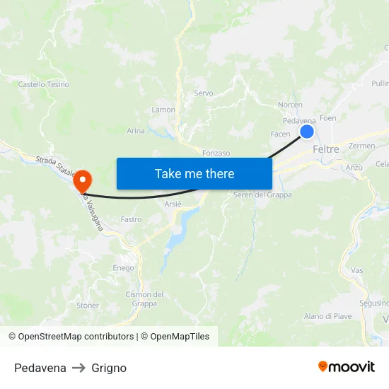 Pedavena to Grigno map