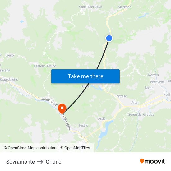 Sovramonte to Grigno map