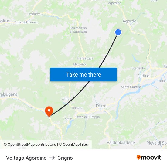 Voltago Agordino to Grigno map