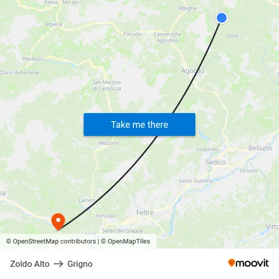 Zoldo Alto to Grigno map