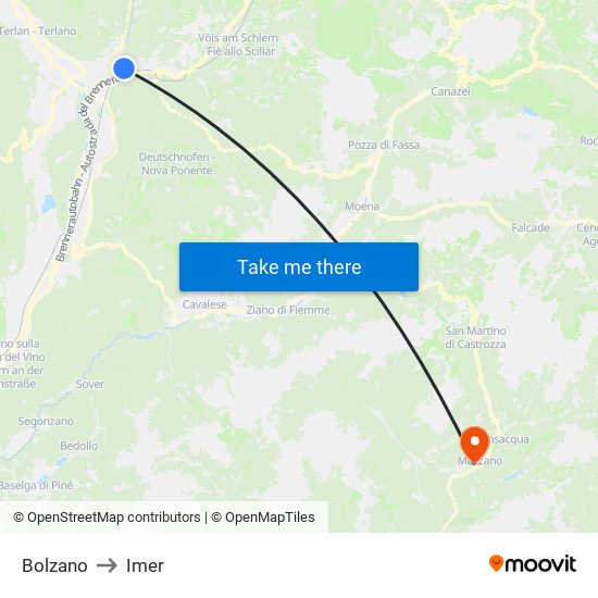 Bolzano to Imer map