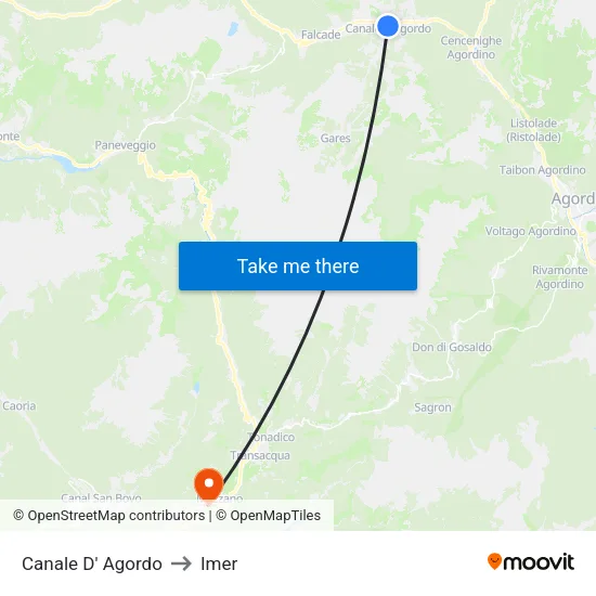 Canale di Agordo to Imer map