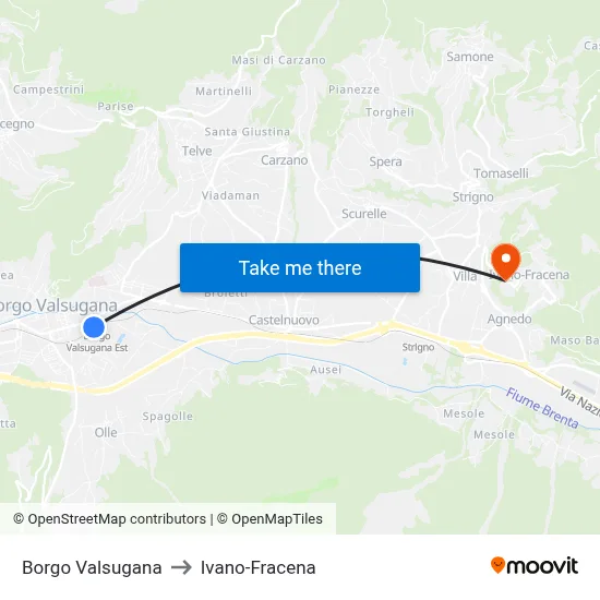 Borgo Valsugana to Ivano-Fracena map
