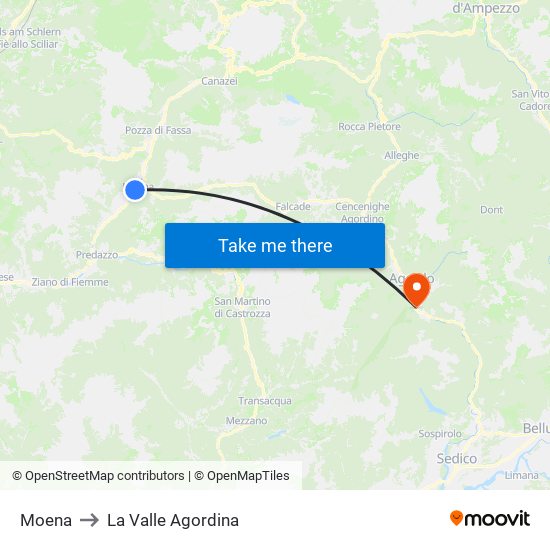 Moena to La Valle Agordina map