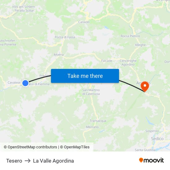 Tesero to La Valle Agordina map