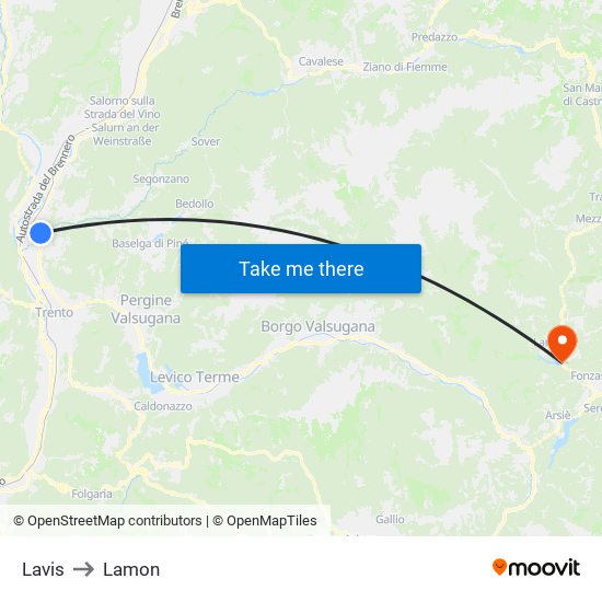 Lavis to Lamon map