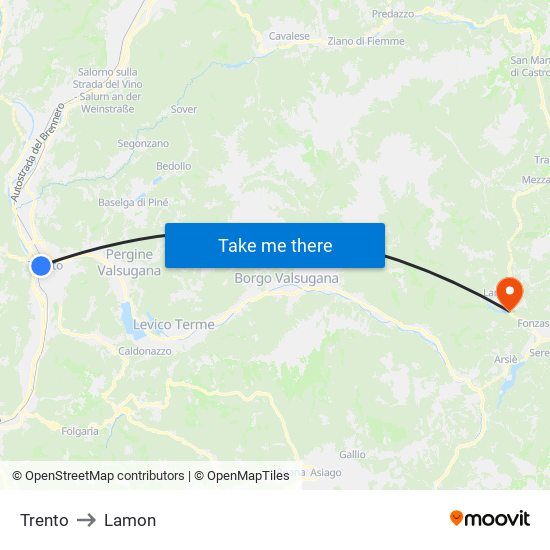 Trento to Lamon map