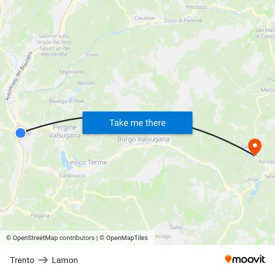 Trento to Lamon map