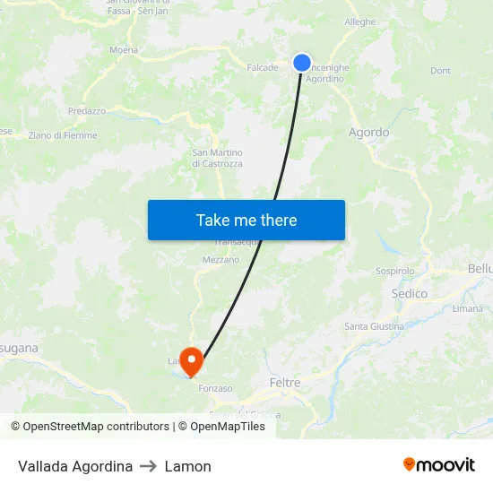 Vallada Agordina to Lamon map
