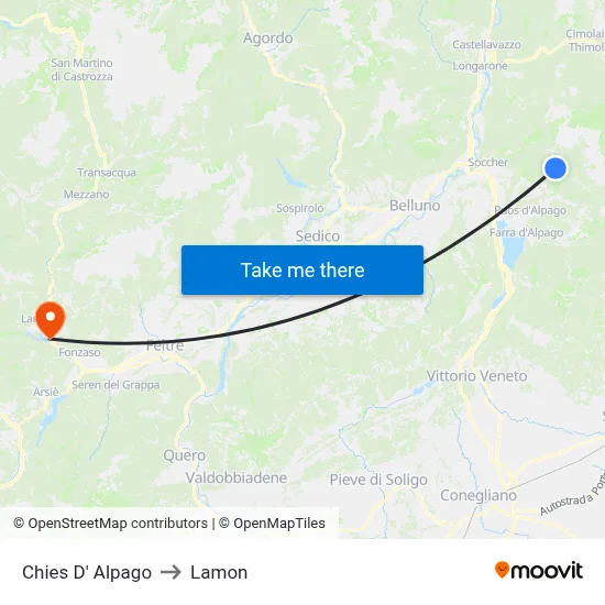 Chies d'Alpago to Lamon map