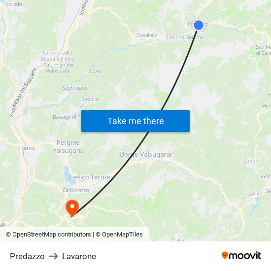Predazzo to Lavarone map