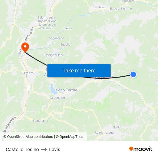 Castello Tesino to Lavis map