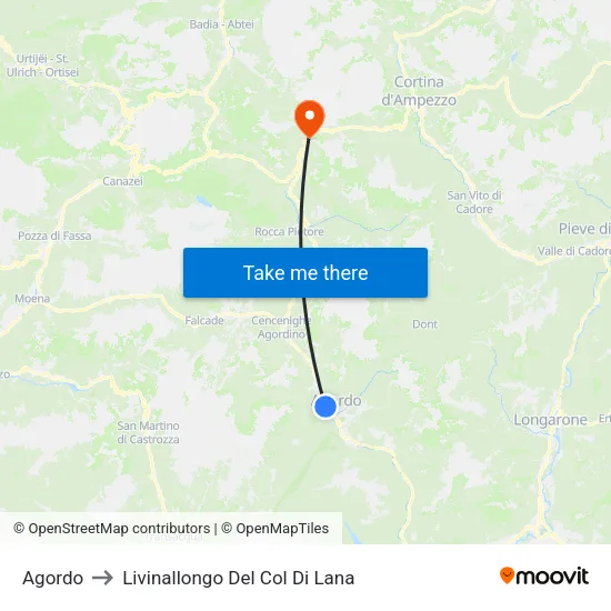 Agordo to Livinallongo Del Col Di Lana map