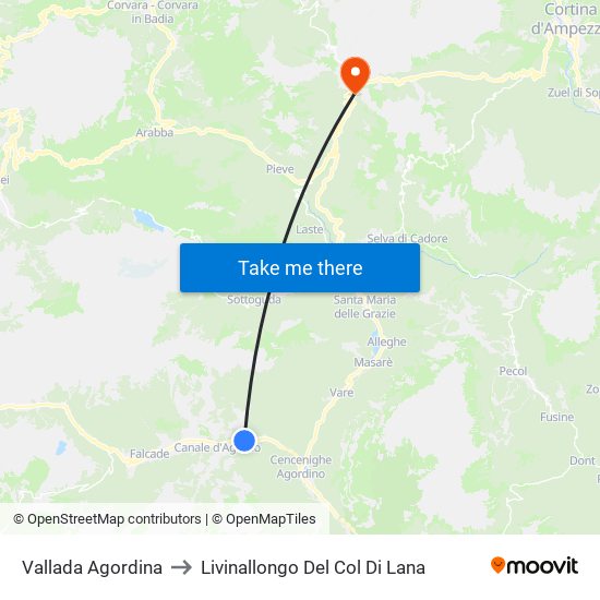 Vallada Agordina to Livinallongo Del Col Di Lana map