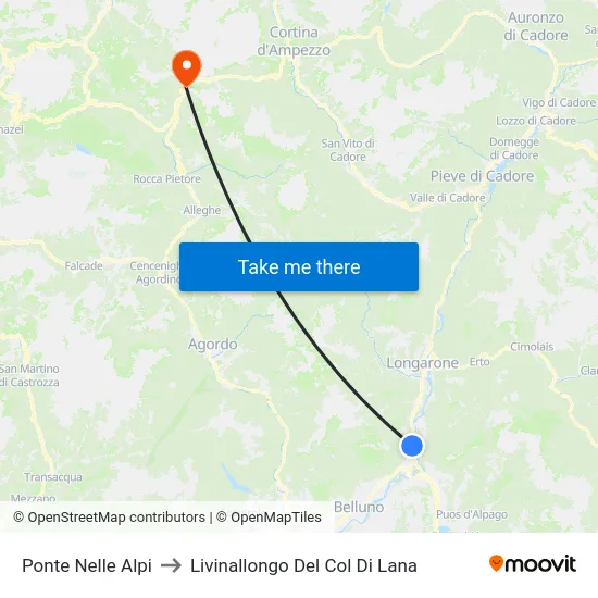 Ponte Nelle Alpi to Livinallongo Del Col Di Lana map