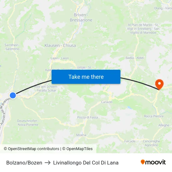 Bolzano/Bozen to Livinallongo Del Col Di Lana map