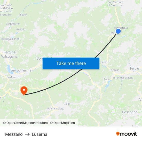 Mezzano to Luserna map