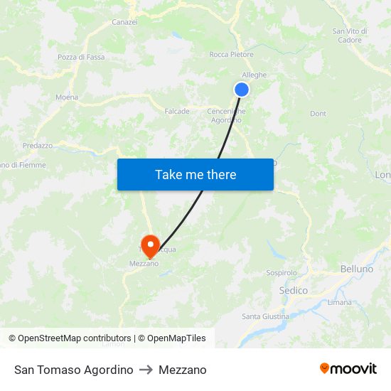 San Tomaso Agordino to Mezzano map