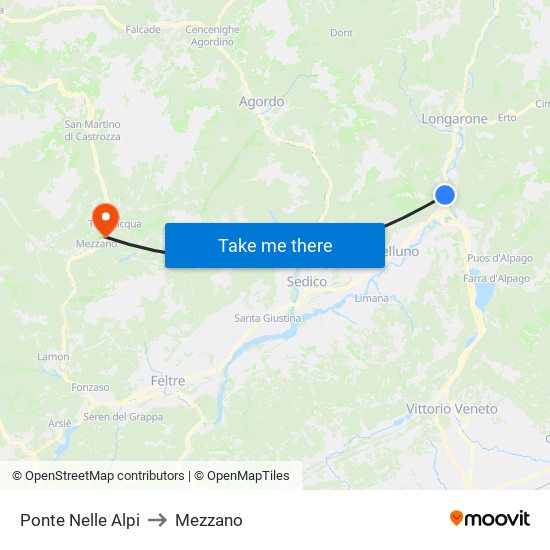 Ponte Nelle Alpi to Mezzano map