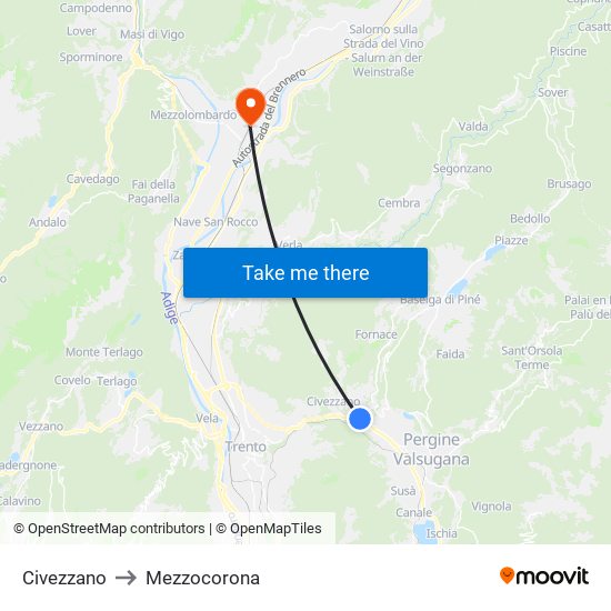 Civezzano to Mezzocorona map