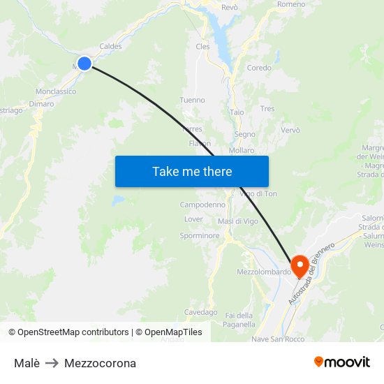 Malè to Mezzocorona map