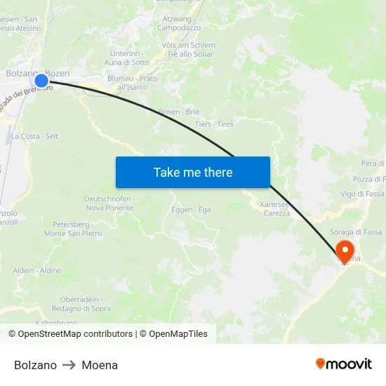 Bolzano to Moena map