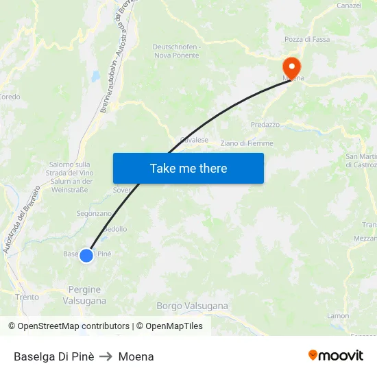 Baselga di Pinè to Moena map