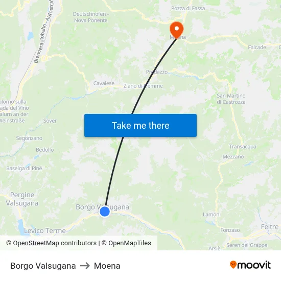 Borgo Valsugana to Moena map