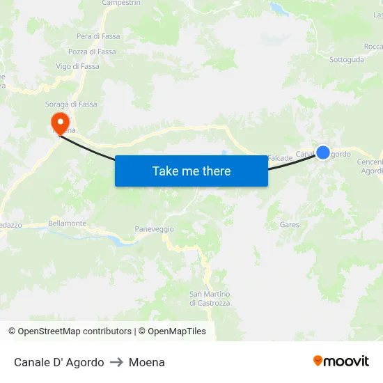 Canale D' Agordo to Moena map