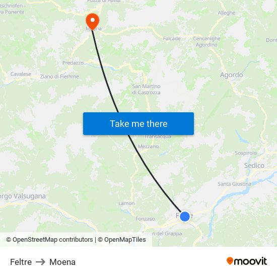 Feltre to Moena map