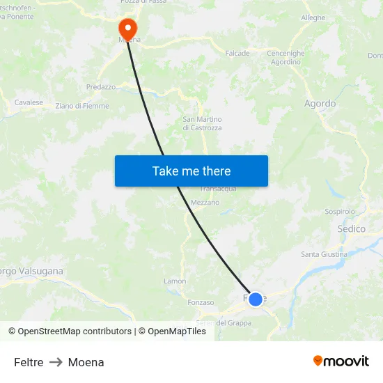 Feltre to Moena map