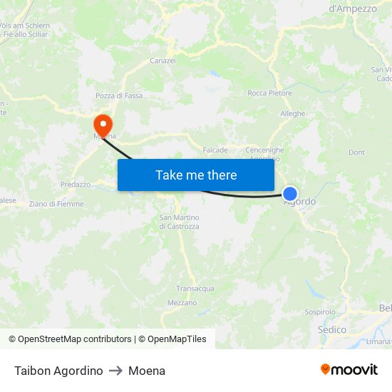 Taibon Agordino to Moena map