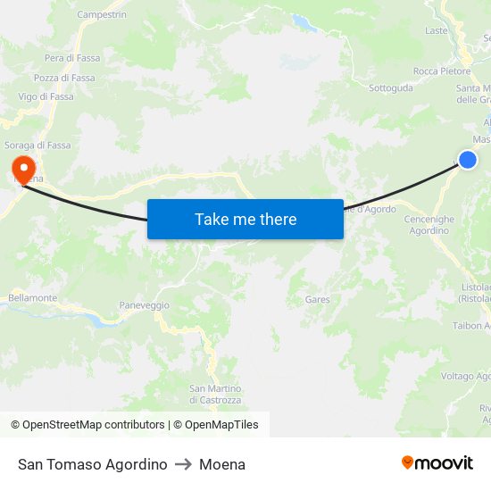 San Tomaso Agordino to Moena map