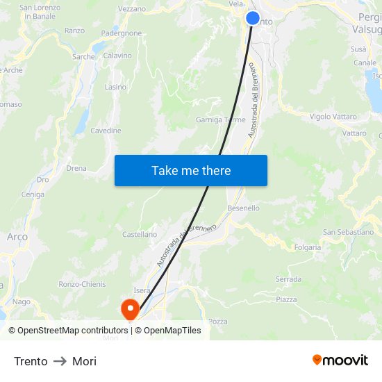 Trento to Mori map