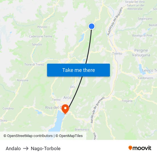 Andalo to Nago-Torbole map