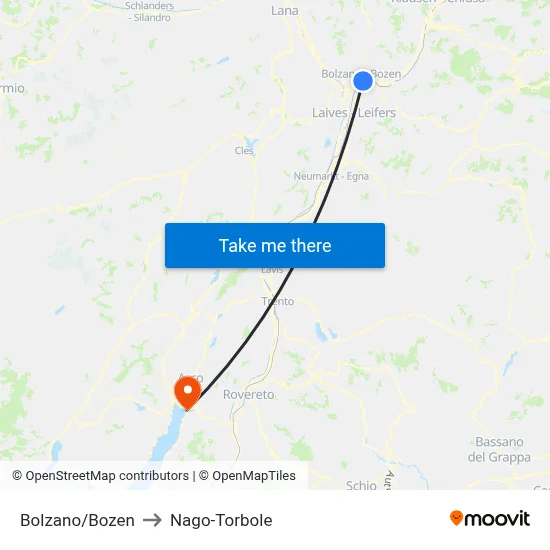 Bolzano/Bozen to Nago-Torbole map