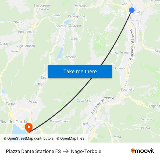 Piazza Dante Stazione FS to Nago-Torbole map