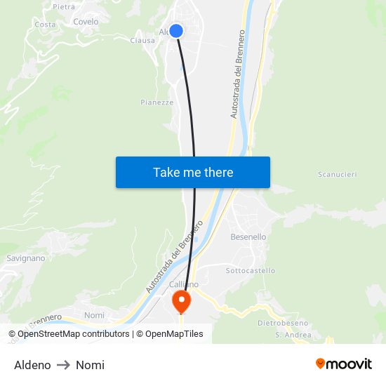 Aldeno to Nomi map