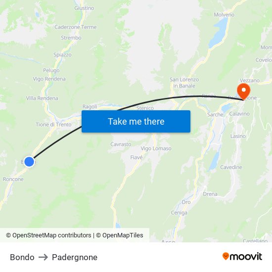 Bondo to Padergnone map